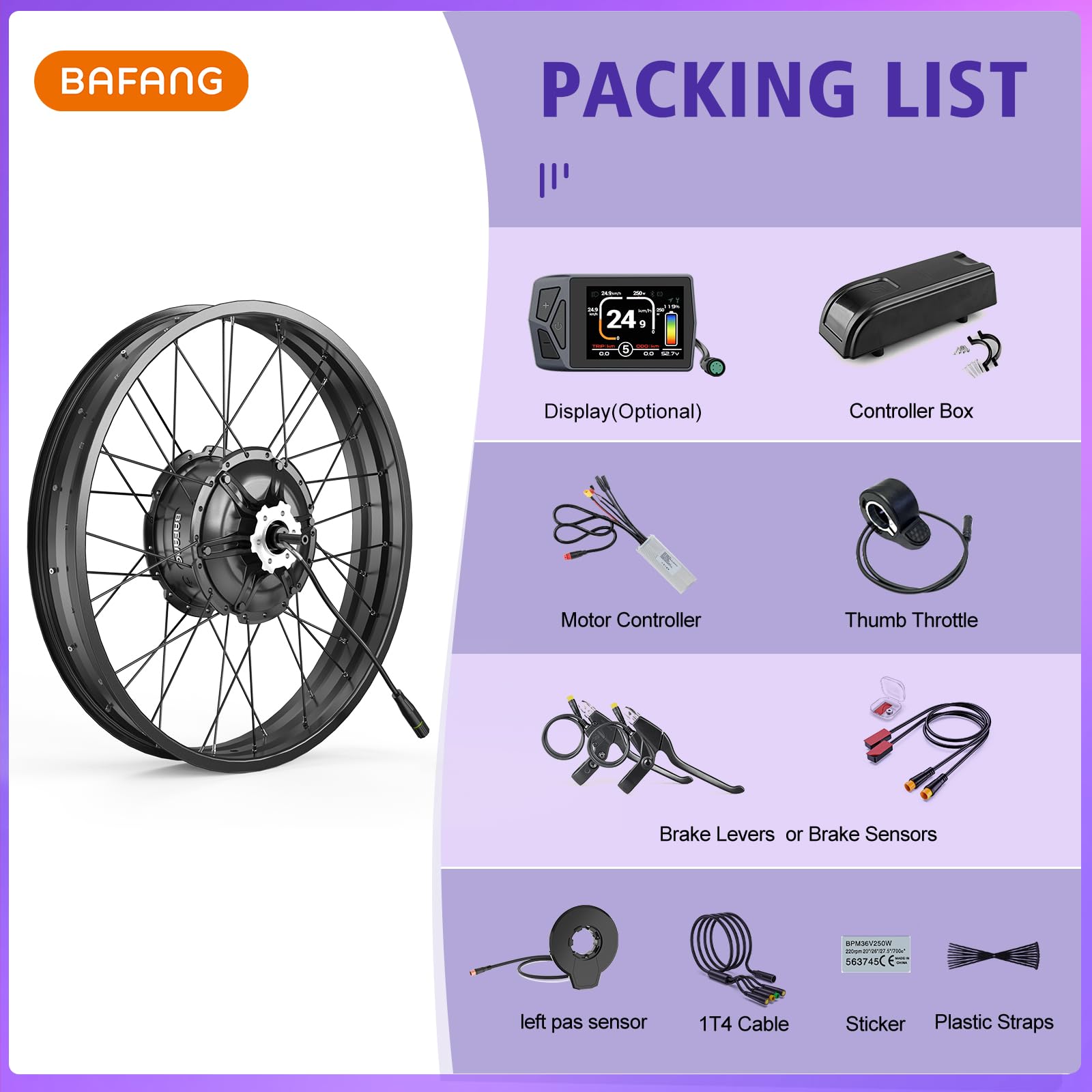 BAFANG 48V Kit Conversion Bicicleta Electrica G062 Motor Trasero 20" 26" | Pantalla y Batería Opcionales - Kit Conversión Motor sin Escobillas Fat Tire Ebike para Ciudad, Nieve, Playa y MTB 175mm