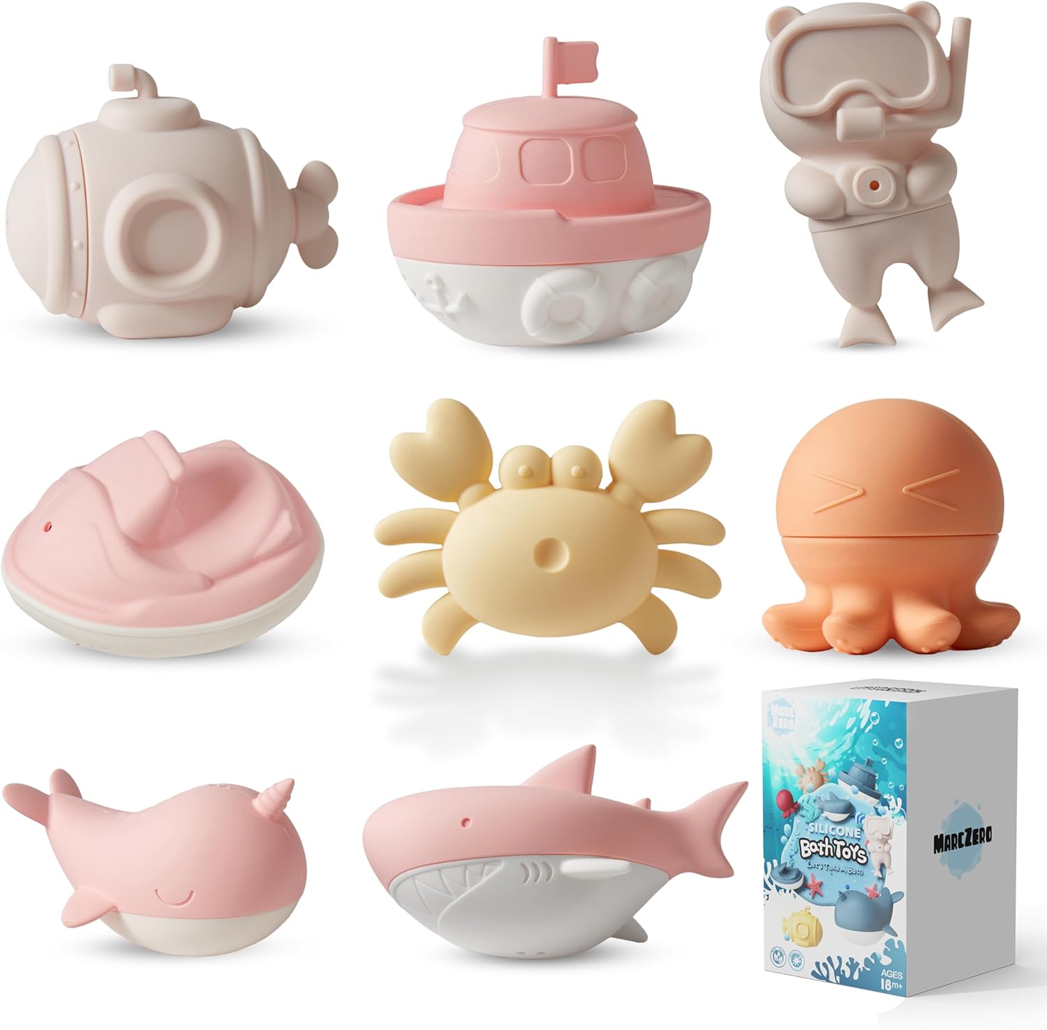 MarcZero Ocean Silicone Bath Toys 8Pcs for Toddlers Kids Babies,Bathtub Water Toys,Soft Squeezable Easy-Grip Pool Toys Set (Pink)