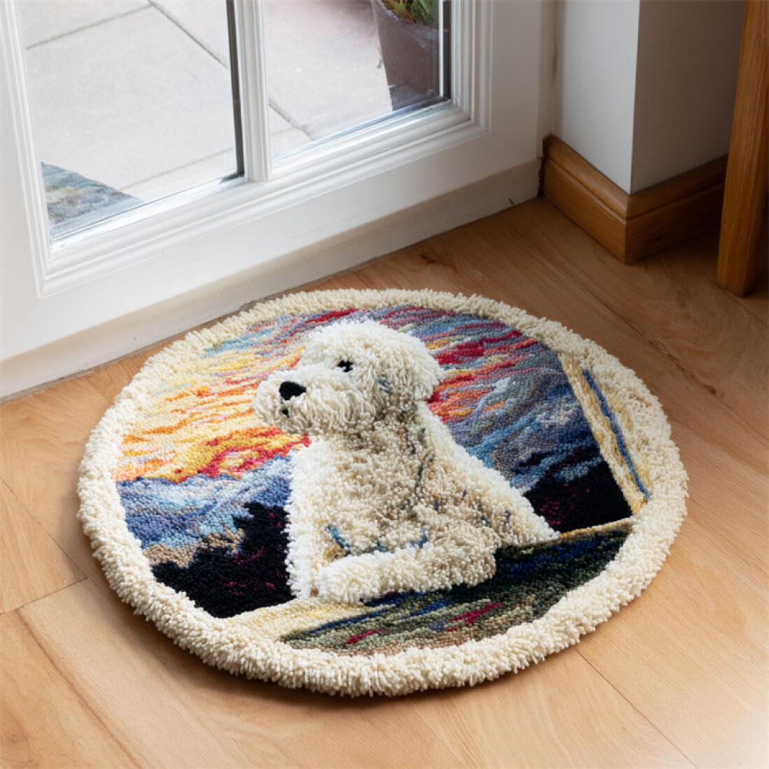 Rqwybcaxn DIY Latch Hook Rug Kit for the Elderly Animal Crochet Starter Kit Dog on the windowsill 100x100cm Round Tapestry with Crochet Hook Hallway Craft Gift