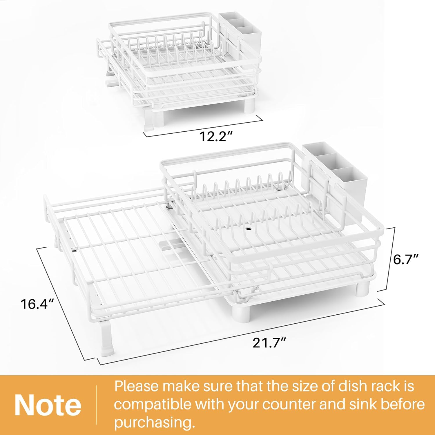 sntd dish drying rack - extendable dish rack, large sink drying dish drainer for kitchen counter, stainless steel dish strainer with utensil holder (white)