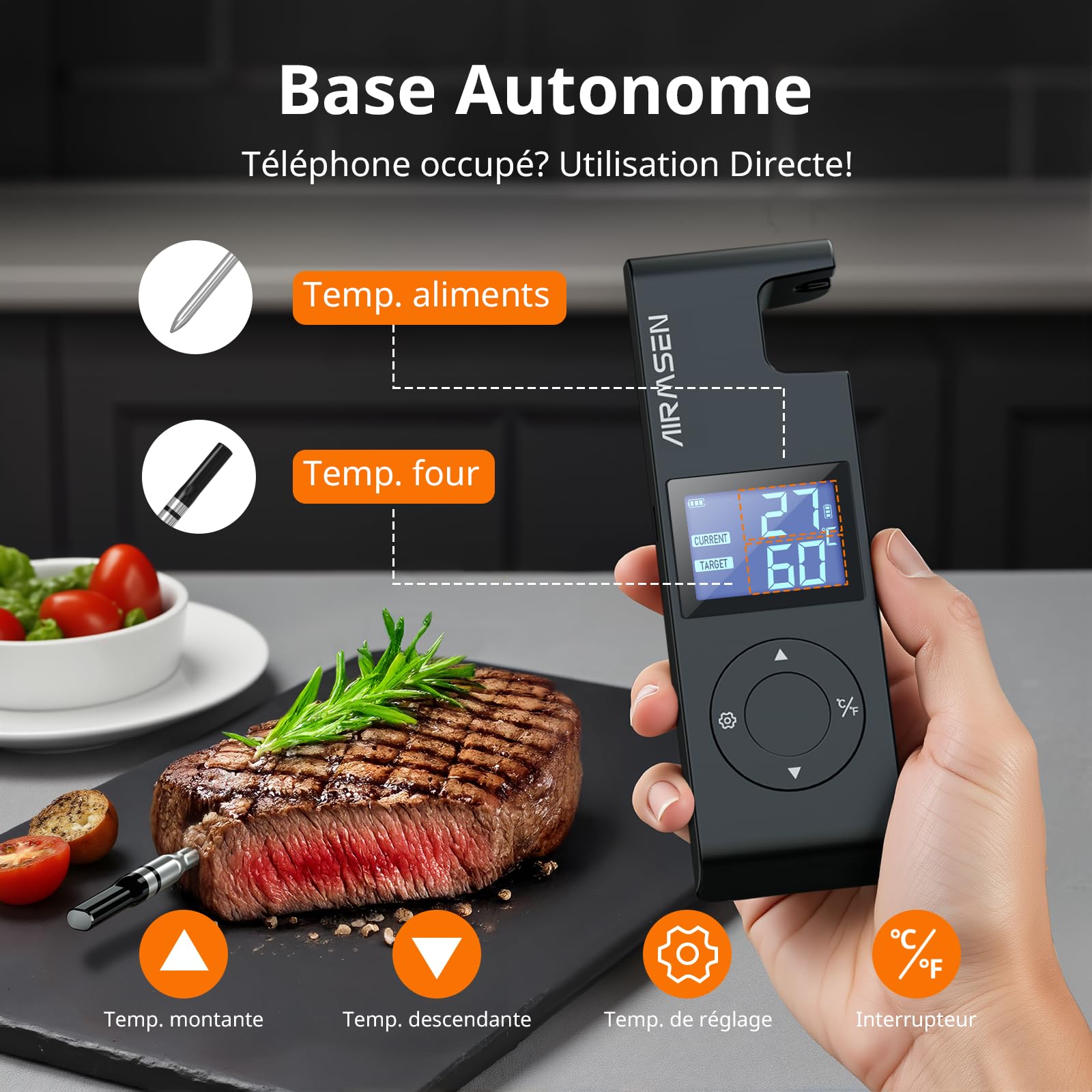 AIRMSEN Thermomètre à Viande Sans Fil avec Poignée en Céramique Résistante à la Chaleur & Écran LCD - Surveillance à 150M Contrôle par Appli Bluetooth 5.4 pour Grillade Fumage BBQ Batterie 1000mAh