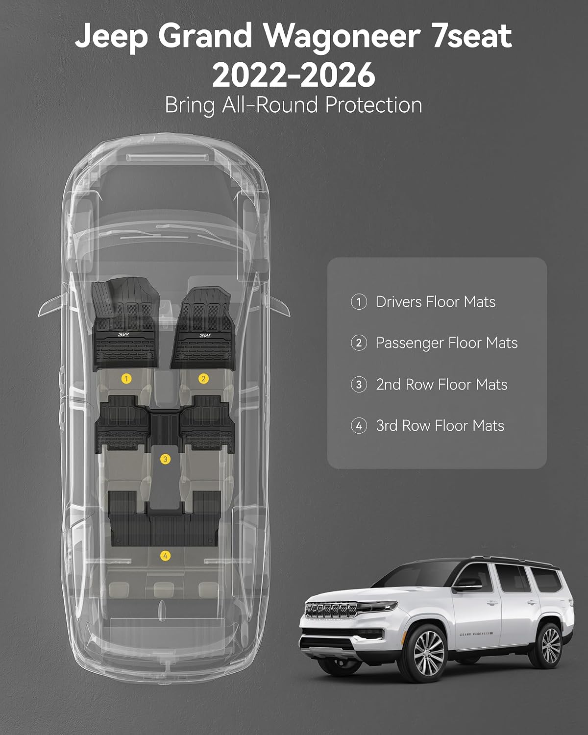 3W Floor Mats Fit for Jeep Grand Wagoneer/Grand Wagoneer L 2022-2025 2026 7 seat(Not Fit for 8 seat), All-Weather TPE Custom Fit Wagonner Floor Liner for 1-3 Rows Full Set Car Mats