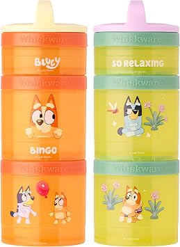 Whiskware Bluey Stackable Snack Containers for Babies, Toddlers, and Kids, Durable Food Storage Containers for Daycare, Car, and Airplane Travel, Formula Friendly, Bluey and Bingo Pack of 2