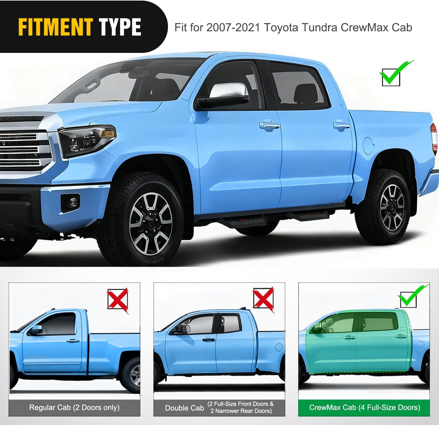 Nilight Running Boards for 2007-2021 Toyota Tundra CrewMax Cab 3.6 Inch Drop Side Steps Bolt-on Black Powder Coated