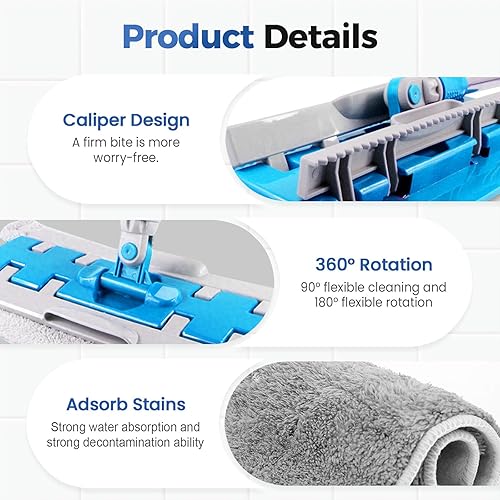 Miniatura 5 de Trapeador plano con mango de acero inoxidable con paños lavables reutilizables, trapeadores de microfibra profesionales 2025, 4 almohadillas
