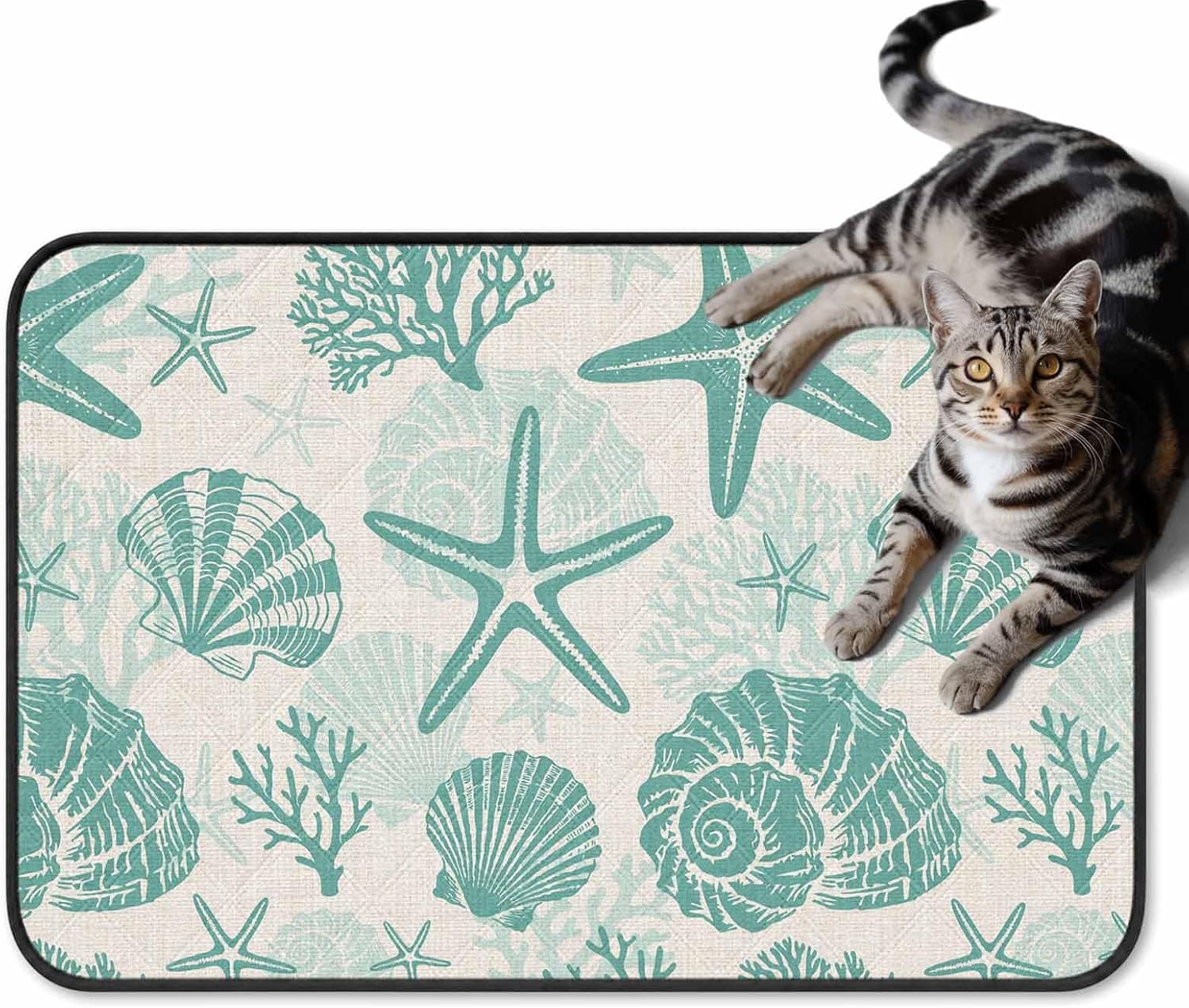 Marine Life Washable Pee Pads for Dogs Coastal Starfish Conch Shell Linen Teal Reusable Puppy Pad Waterproof & Non-Slip Dog Cat Food Mat for Crates, Indoor, Outdoor and Car Travel 24"x18"