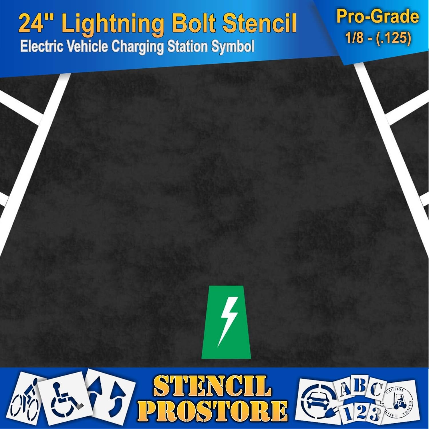 Pavement Stencils - 24 in - Electric Vehicle Lightning Bolt Stencil - 24'' x 10'' x 1/8" (128 mil) - Pro-Grade