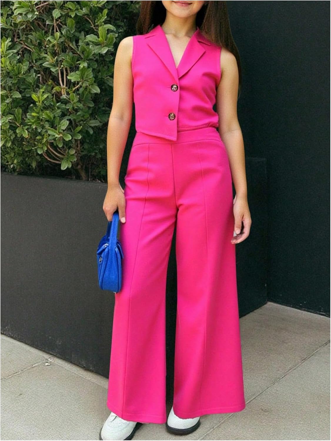 Milumia Girl's 2 Piece Outfits Button Up Sleeveless Suit Vest and Wide Leg Pants Sets