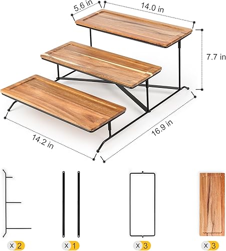 Miniatura 3 de ZONEYILA Soporte para servir de 3 niveles con plato de madera, bandejas de servir de 14 pulgadas con estante plegable más resistente, soporte