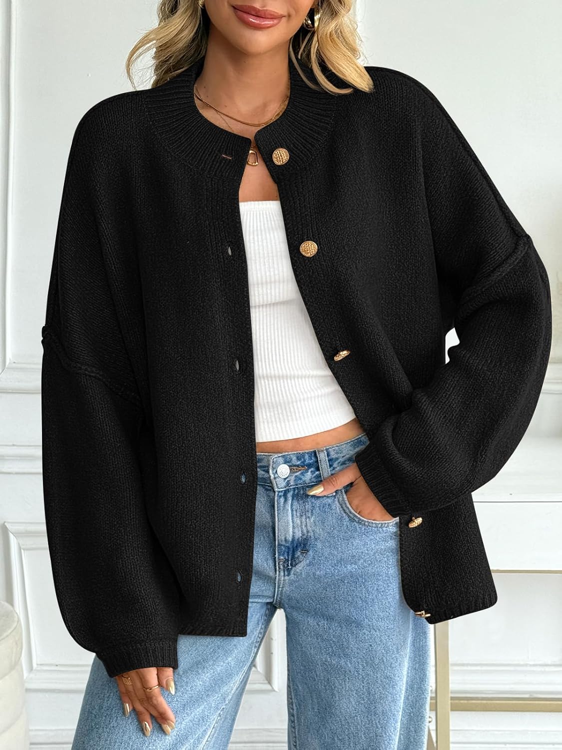 LILLUSORY Womens Oversized Chunky Knit Cardigan Sweaters Long Lantern Sleeve Button Down Cozy Trendy Jacket - Image 2