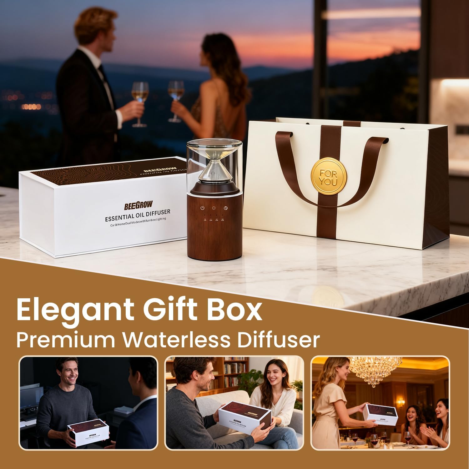 Waterless Nebulizing Essential Oil Diffuser, Real Glass and Solid Wood Portable Rechargeable Aroma Diffuser for Home Office Car, Luxury Gift Set with 10ml Lemon Oil