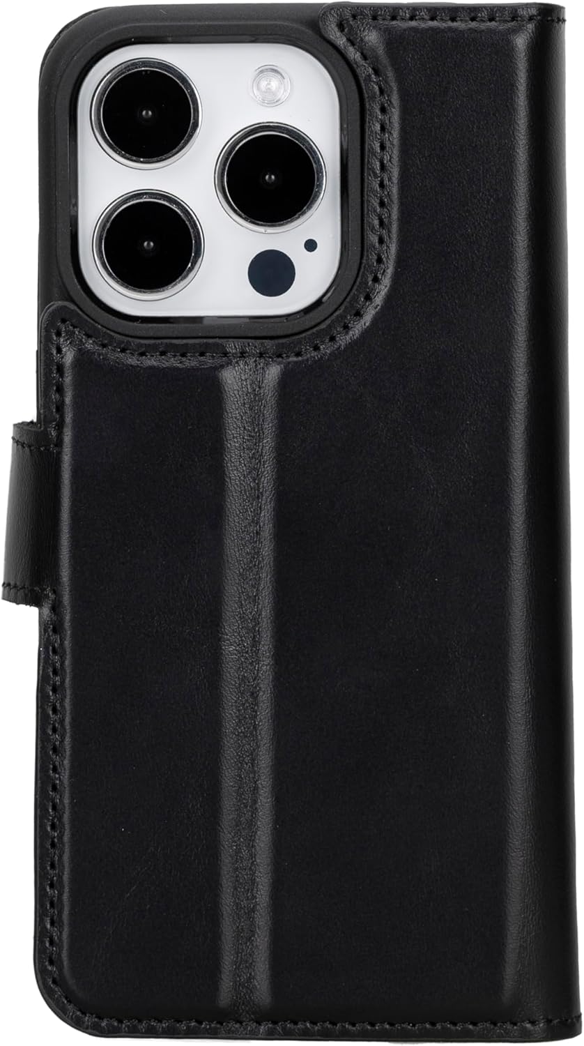 BOULETTA Wallet Case for iPhone 15 Pro Full Grain Leather Wallet, Detachable Magnetic Flip Cover, Card Holder, iPhone 15 Pro Wallet Case MagSafe Compatible RFID Blocking 6.1 inch, Black