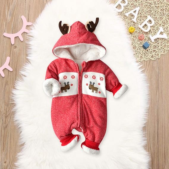 Amazon Com Christmas Hooded Romper Snowsuit For Infant Baby Girls Boys Xmas Deer Lovely Antlers Warm Fleece Plush Onesie Jumpsuit Clothing Shoes Jewelry