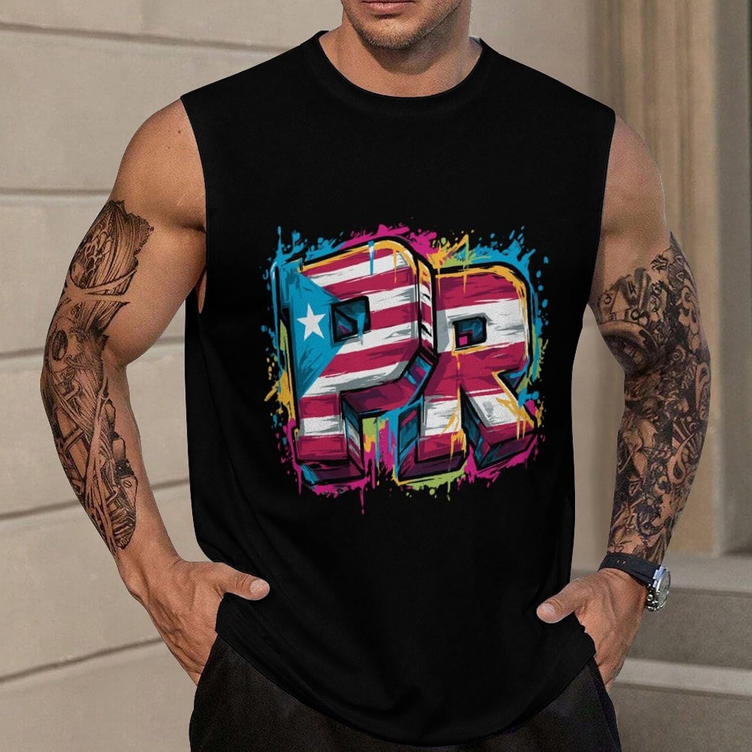 Puerto PR Flag Men Summer Sleeveless Crew Neck Top 5XL
