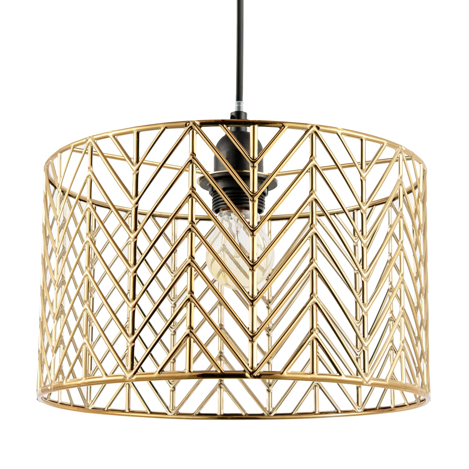 Art Deco Zig Zag Design Ceiling Pendant Lighting Shade in Polished Gold Plating | 28cm x 17cm | for E27 or E14 Bulb Fitting by Happy Homewares