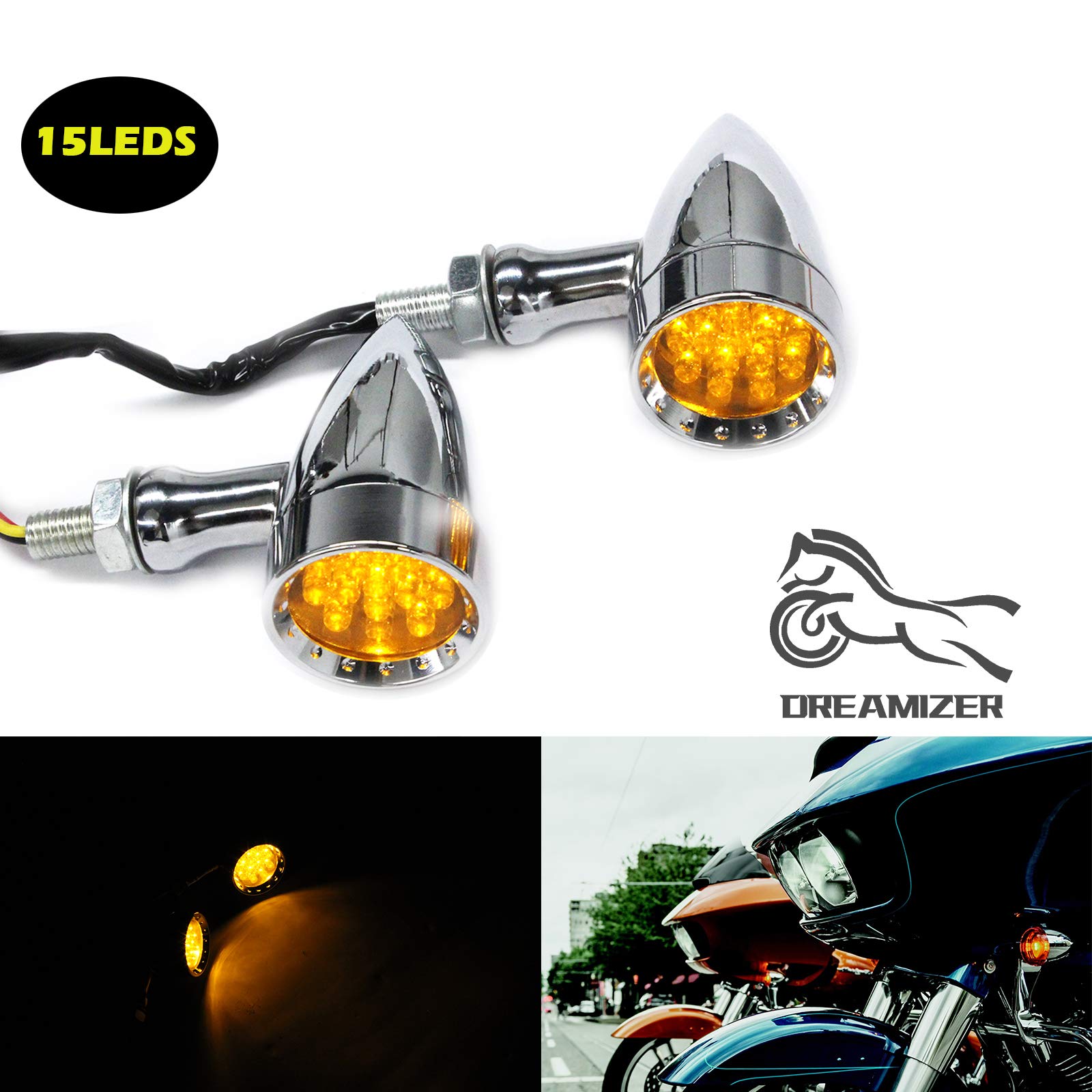 DREAMIZER Motorcycle Turn Signals Light Bullet LED Chrome Universal for Bobber Chopper Cafe Racer Sportster Softail Cruiser - Chrome Housing Amber Light