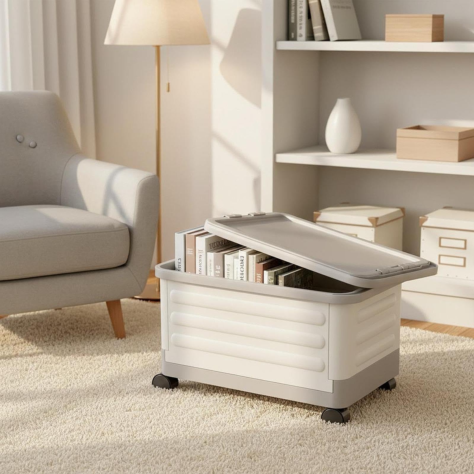 Carrello Pieghevole Portatile Cassetta con Ruote Manico Telescopico Organizzazione Spesa Libri Cancelleria Materiale PP Adatto per Viaggio Scuola Casa, Grigio Bianco