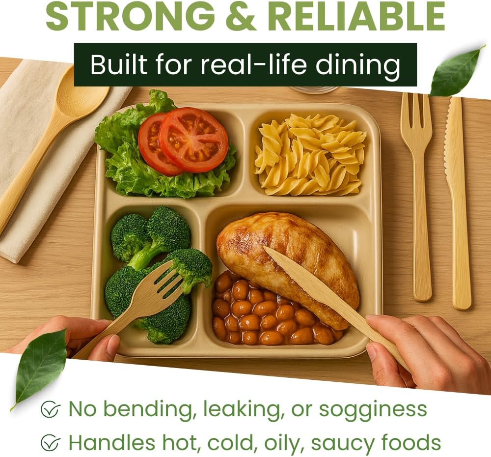 Dtocs Compartment Plates Disposable (40 Pcs) 4 Portions | Bamboo Fiber Heavy Duty Sectional Lunch Trays for Camping, Catering, Buffet Dinner | Microwavable Leak-Proof Multipurpose Divided Plates