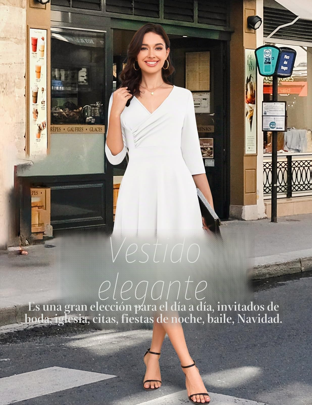 Bbonlinedress Vestido de Cóctel Fiesta Midi para Mujer Vestido Formal para Invitada de Boda Cuello en V Longitud del Té con Manga 3/4