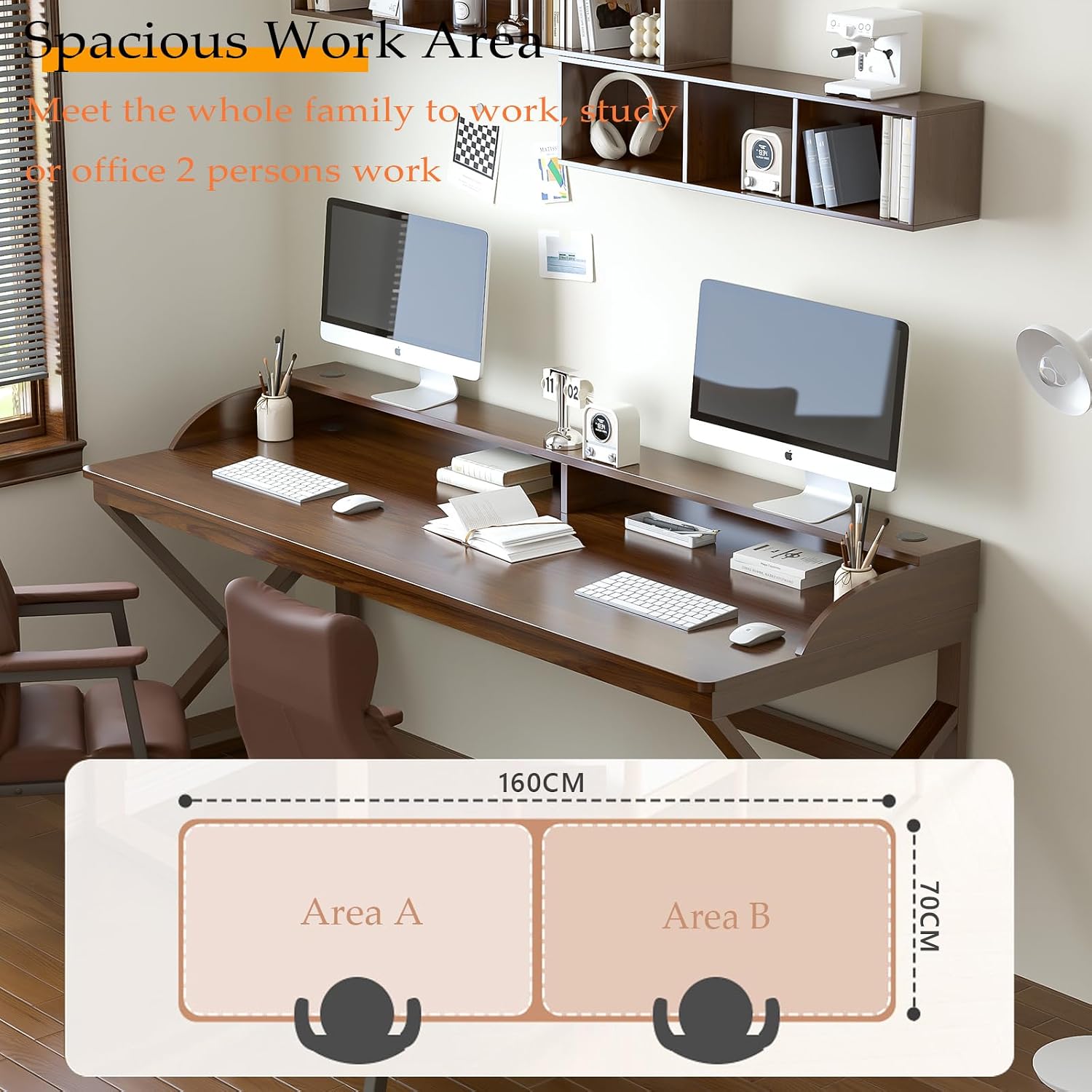 OSCHF Long Desk with Monitor Stand - 63" Double Long Computer Table for 2-Person Workstation, Large Writing Study Work Desk for Home and Office, Walnut