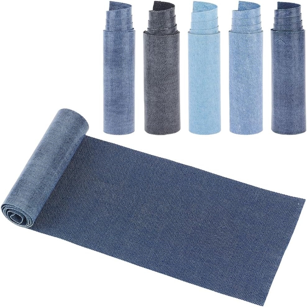 5Pcs 5 Colors Blue Jeans Denim Fabric Patches Roll Vintage Iron On Repair Clothing Inside Outside Fibrous Patch for Sewing Making Clothes Dresses Hole Repairing Decoration DIY Craft Supply