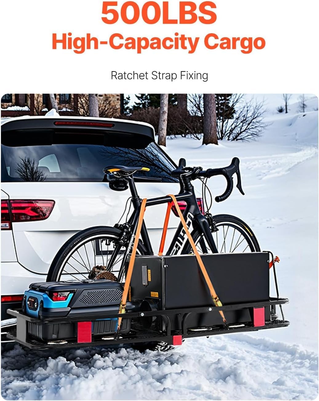 Heavy Duty Folding Hitch mount Cargo Carrier Load Capacity 500Lbs 60"(L)X 20"(W)X 6"(H) Trailer Fold up Luggage Basket with Stablizer Waterproof Bag Net Ratchet Straps Combination Lock for SUV Pickup