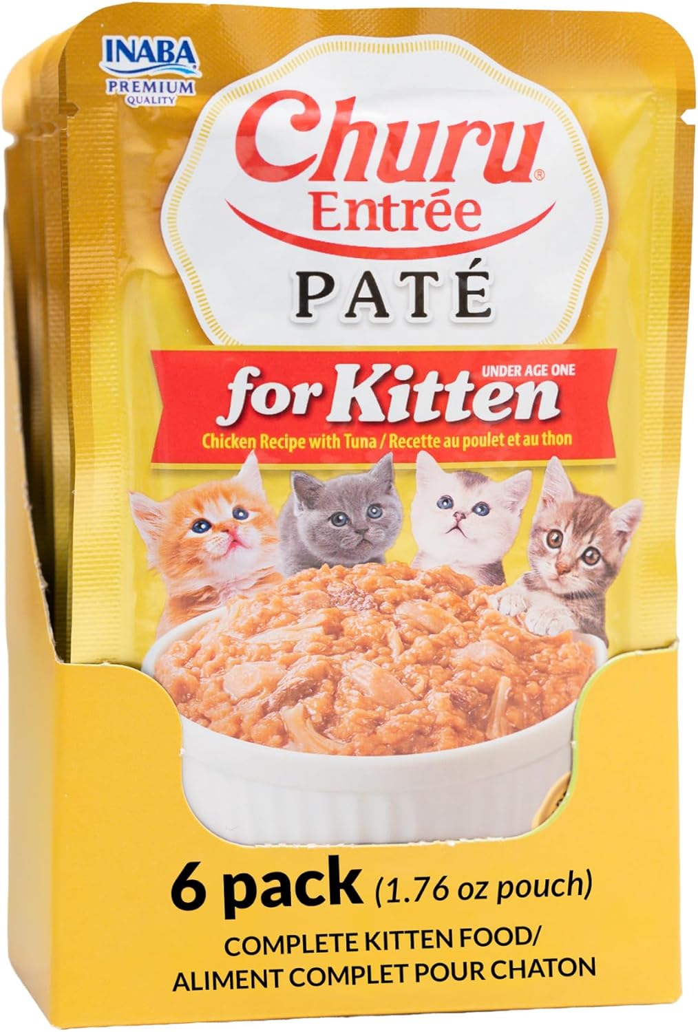 INABA Churu Entrée Pate for Kittens, High Protein & Moisture, Prebiotic Wet Cat Food, 1.76oz. per Serving, 48 Pouches, Chicken with Tuna Recipe