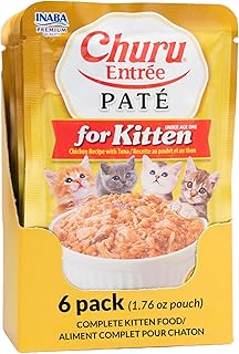 INABA Churu Entrée Pate for Kittens, Grain-Free, High Moisture, Prebiotic Wet Cat Food, 1.76oz. per Pouch, 6 Pouches, Chicken with Tuna Recipe