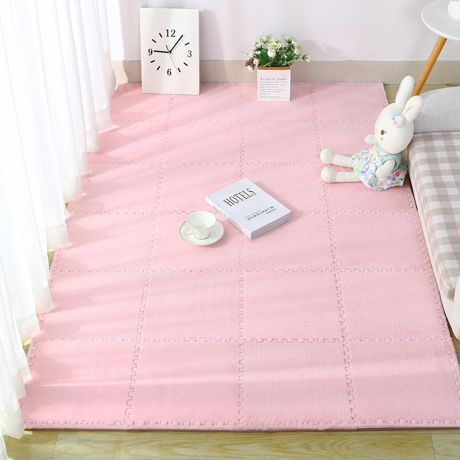 LoiYtrd 16 Pieces Foam Play Mat With Border Interlocking Plush Puzzle Carpet Tiles 30x30cm Square Foam Mat(Pink)