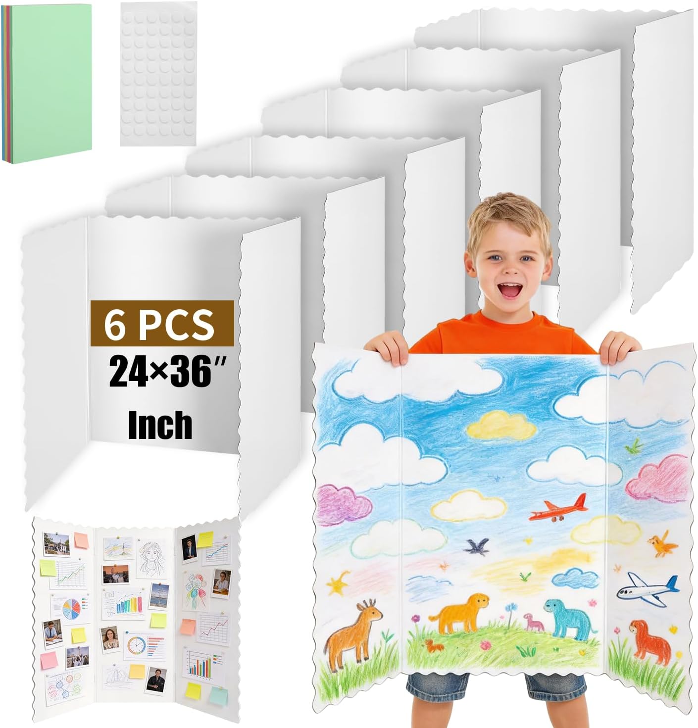 6 Pack 24" x 36" White Trifold Poster Board Bulk, Corrugated Foldable Tri-fold Display Board for Science Fair, School Projects, Presentations, Art, Business & Classroom Supplies