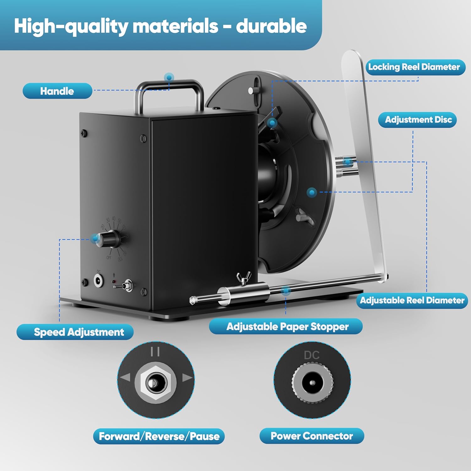 Automatic Label Rewinder,1"-3"Adjustable Core Holder,Stepless TransmissionLabel Rewinding Machine,Synchronize Stop with Printer,Two-Way Rewinding 185mm Label Roller for Commercial & Industrial Use