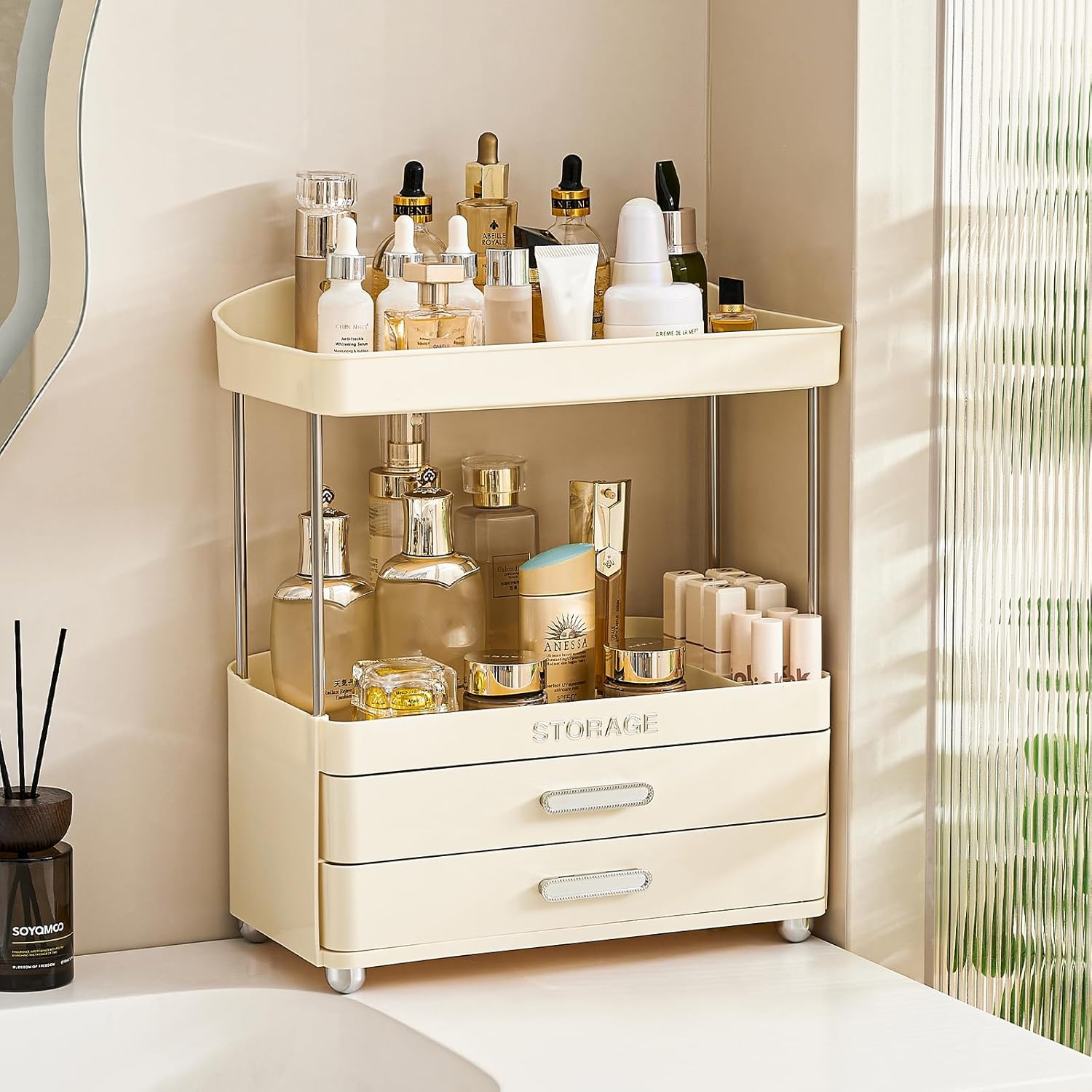 Bathroom Organizers and Storage | 2-Tier 2-Drawer Makeup Organizer Countertop, Easy to Install & Multi-Purpose - Counter & Sink Storage Shelf for Vanity, Skincare, Perfume, Present, and More