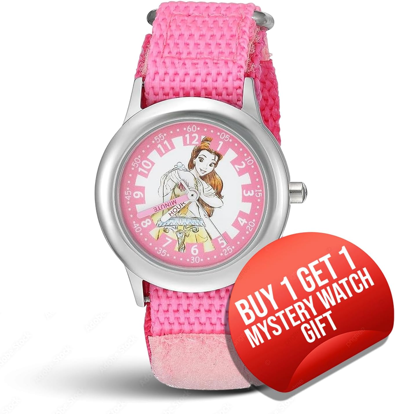 Disney Princess Belle Watch for Ages 3–7 – Character Watch with Bold Dial – Gift for Kids Who Love Princesses – Silver Bezel and Pink Nylon Strap – Buy and GET 1 Free Mystery