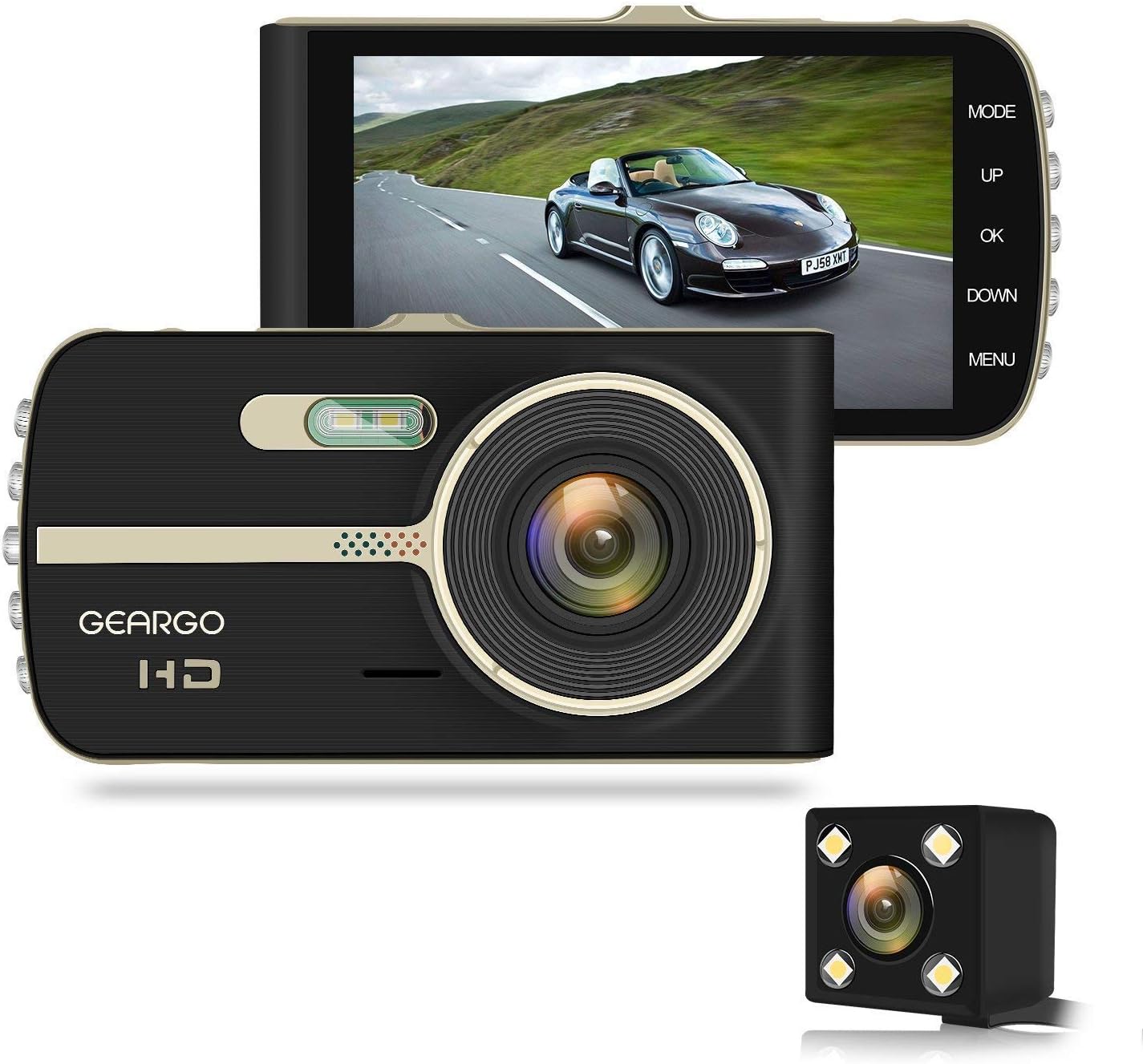 GEARGO Dash Cam 4" Display 1080P HD Overhead Dashboard Mounted Camera Car Video Recorder with Dual Camera Wide Angle, G-Sensor, Loop Recording, Night Vision