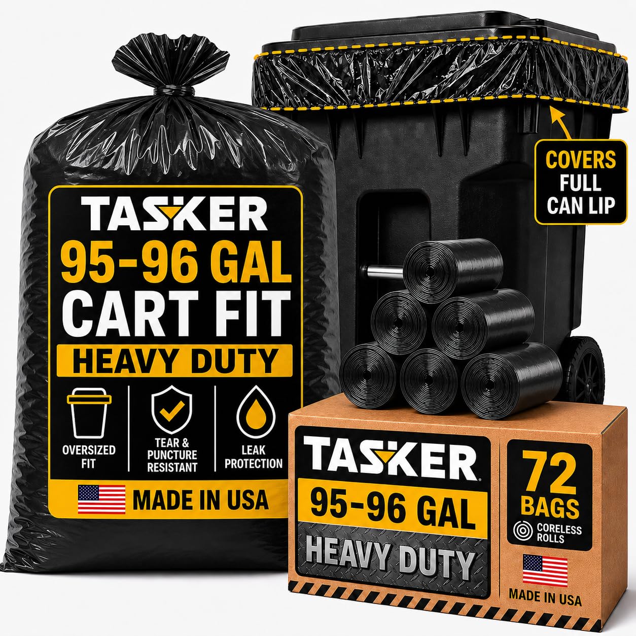 Bolsas de basura resistentes de 95 galones, paquete de 72 bolsas de basura extra grandes, bolsas de basura de 90 a 100 galones, bolsas de basura grandes de 96 galones (negro)
