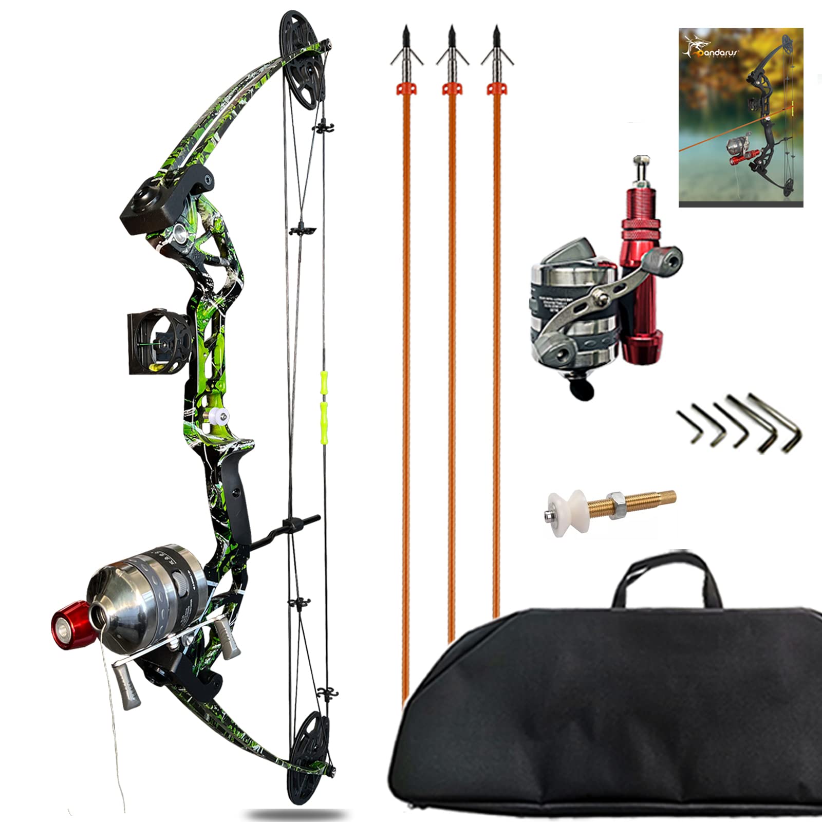 Lanneret Bowfishing Bow Kit - 15-45 LB Adjustable Draw, Right/Left Hand, Includes Reel & Arrows (Black/Camo)