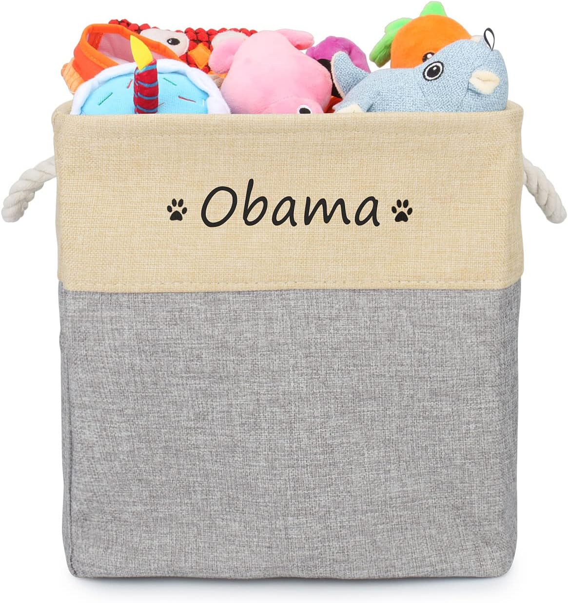Personalized Pet Dog Toy Storage Foldable Storage Bin Basket, Customized Pet's Name Box Organizer for Dog Toys、 Apparel & Accessories, with Weave Rope Handle(Beige Gray)