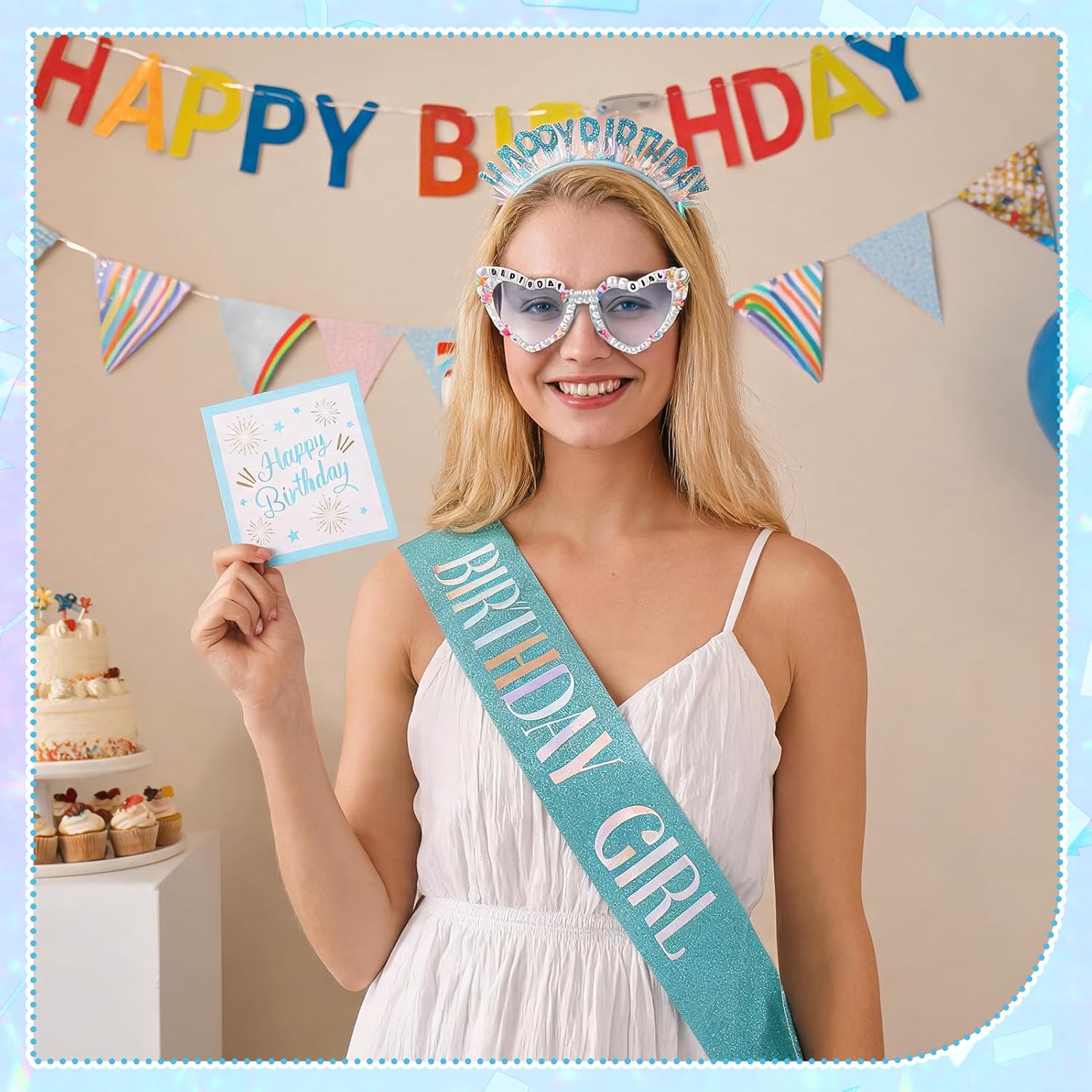 JATEBI 4 Pcs Birthday Girl Sash Headband Set for Girl Women