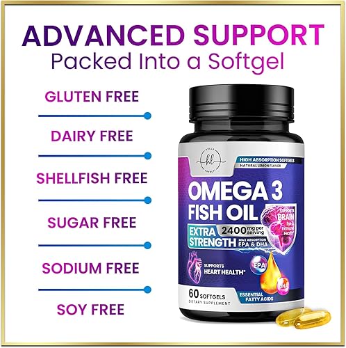 Miniatura 8 de Suplementos de aceite de pescado Omega 3 de 2400 mg - Ácidos grasos Omega 3 de triple fuerza, salud natural del corazón y apoyo articular - Ácidos