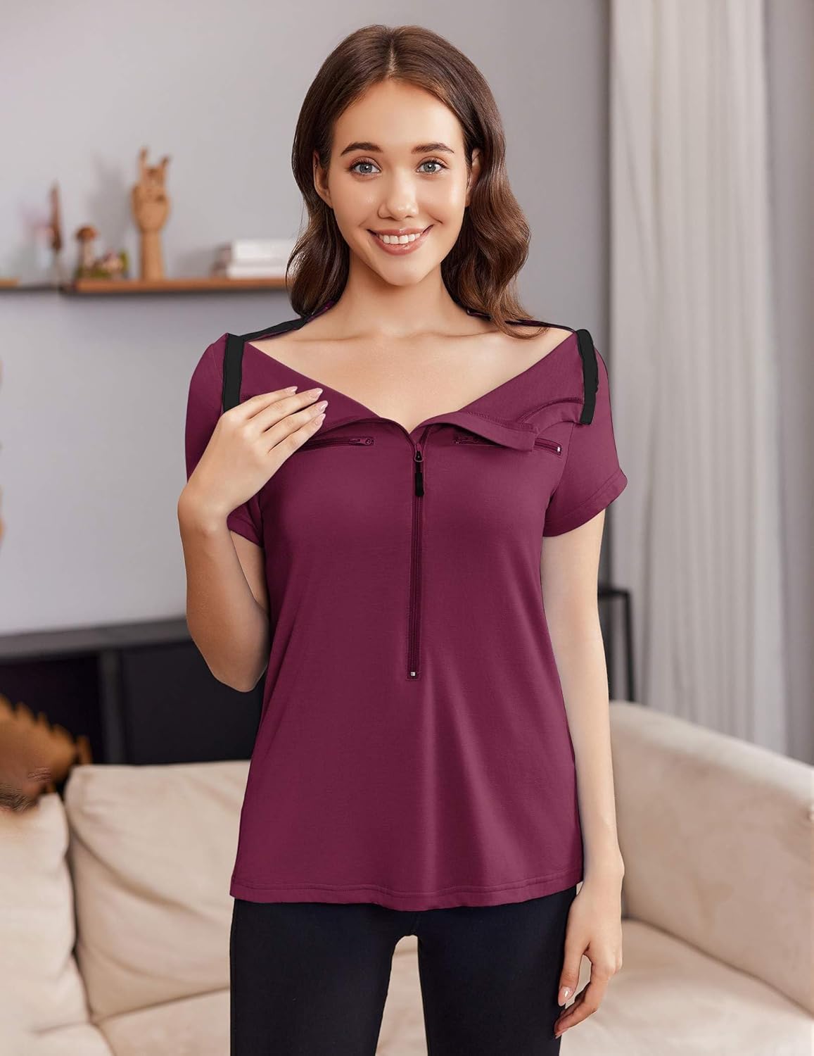 Deyeek Chemo Shirts for Port Access Women 2 Side Snap Short Sleeve Shoulder Surgery Rotator Cuff Dialysis Recovery Shirts - Image 2