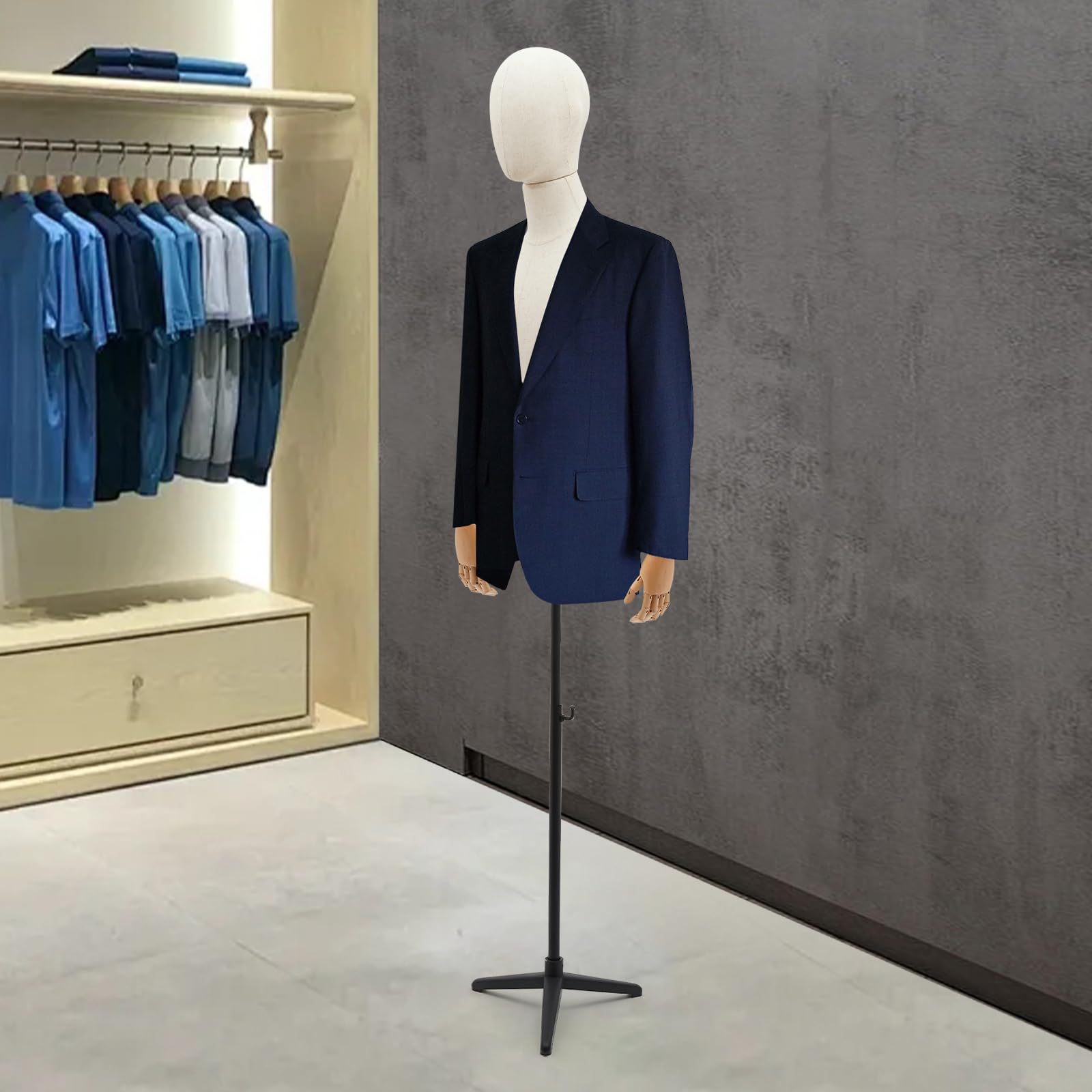 Männliche Schaufensterpuppe Kleiderpuppe mit Stativ, Höhenverstellbar 53-76 Zoll, Leinen Oberfläche Massivholz, Für Bekleidungsgeschäft Boutique Einkaufszentrum, Modedesigner Dekoration