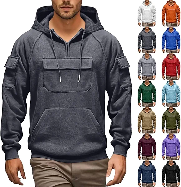 Hoodies for Men, Tactical Hoodies for Men Quarter Zip Up Workout Sweatshirt Oversized Athletic Heavyweight Fleece Hooded Pullover Fall Fashion Coats Winter Tops Outdoor Outfits Dark Gray S