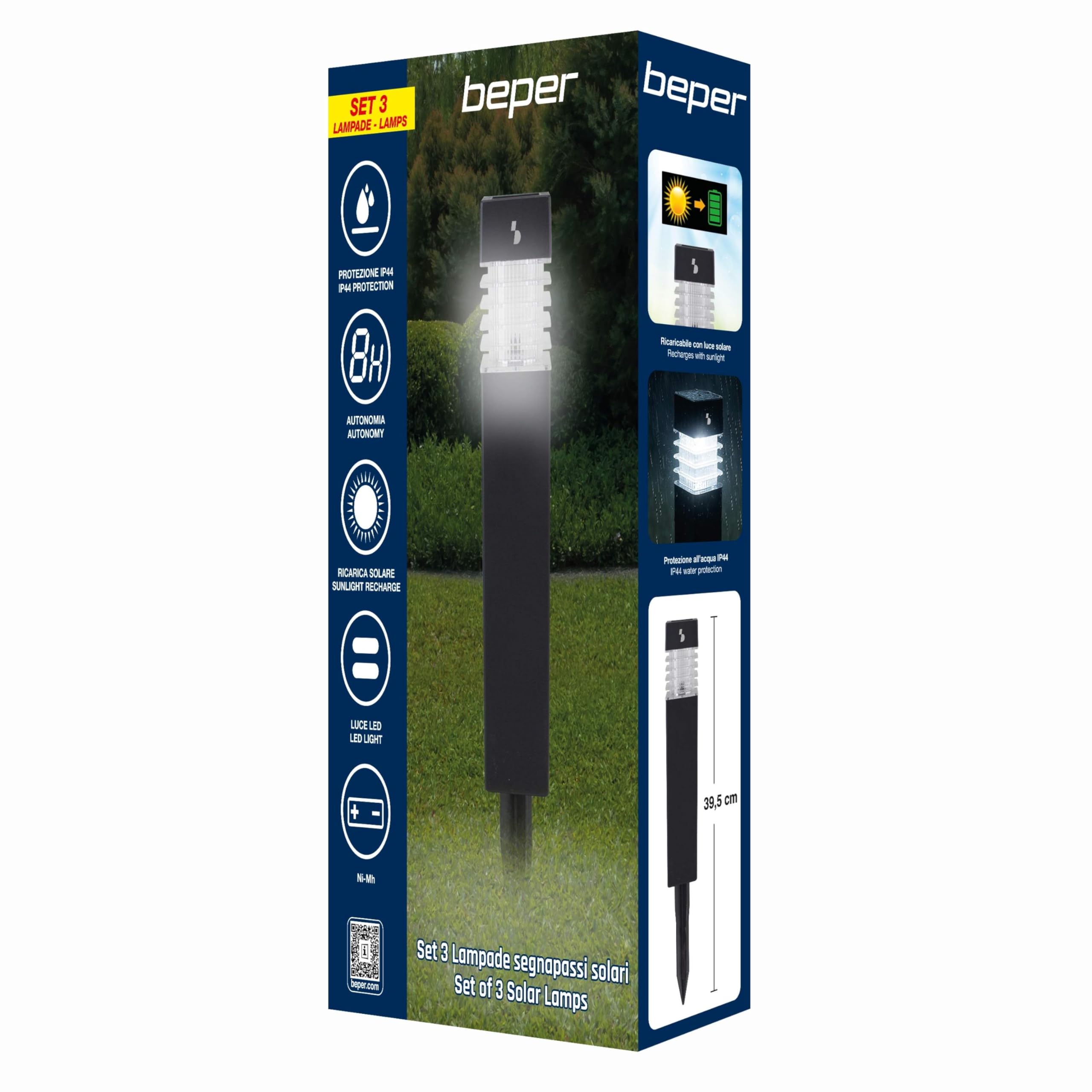 BEPER P207ILO030 Zestaw 3 solarnych lamp schodowych, zewnętrzne lampy solarne LED z kolcami, automatyczne włączanie, oświetlenie ścieżek i rabat kwiatowych, IP44