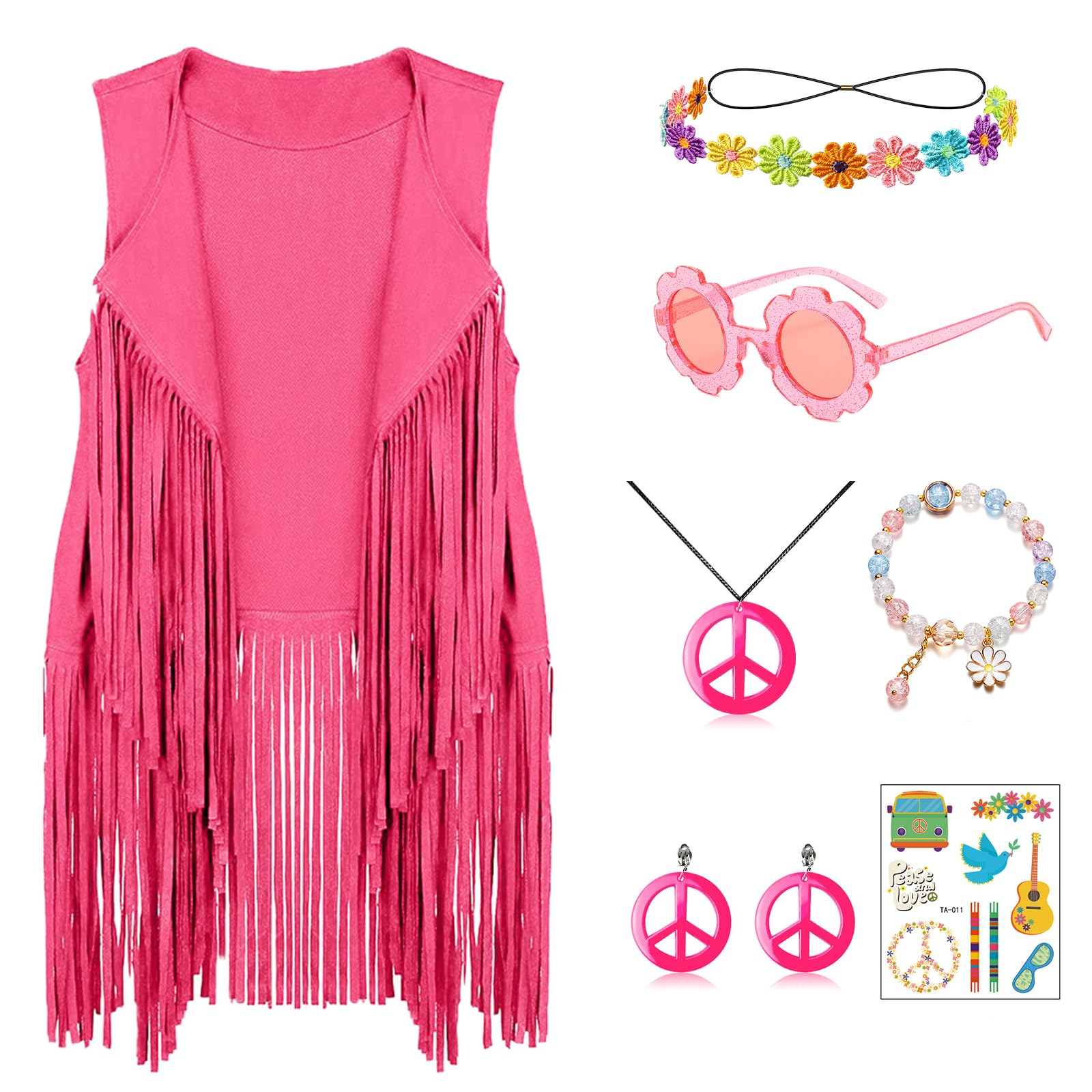 Dwieey 8 Pcs 60s 70s Outfits for Kids Girls Hippie Costume Disco Outfits Fringe Vest Peace Sign Earring Accessories Set
