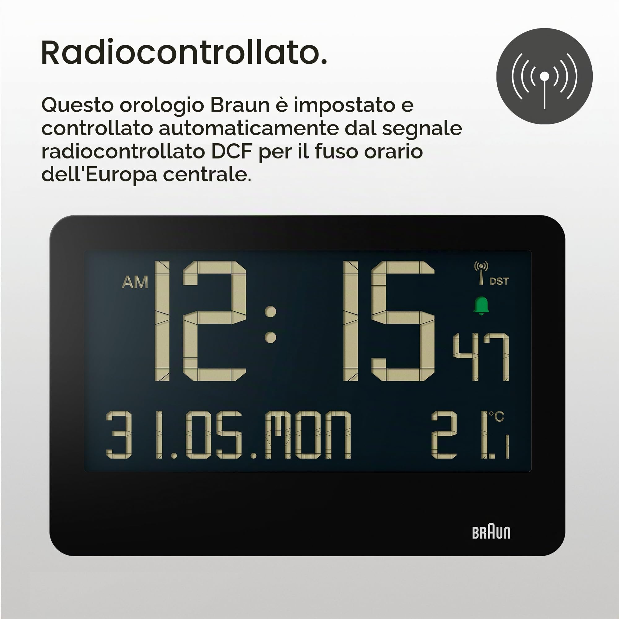 Braun Orologio da Parete Digitale Radiocontrollato con Ora dell'Europa Centrale (DCF) con Temperatura, Data, Giorno, Ampio Display LCD Reverso, Allarme Acustico Crescendo in Bianco, Modello BC14B-DCF