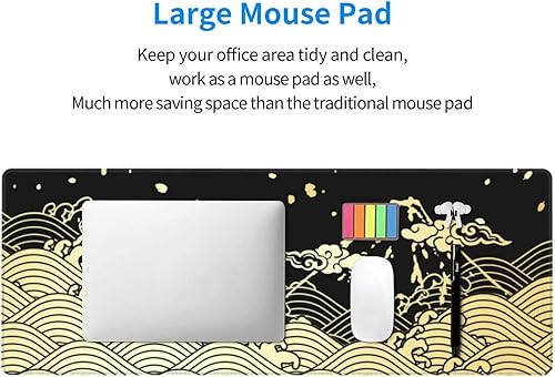Miniatura 5 de Alfombrilla de ratón para videojuegos con onda japonesa dorada y negra XXL XL grande para escritorio, alfombrillas antideslizantes largas extendidas