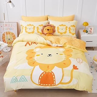 SAPHREAS Lion Pattern Kids Duvet Cover Set with Fitted Sheet Twin Size Yellow Cute Animal Printed Children Cotton 4 Pieces Bedding Duvet Cover Set 1 Comforter Cover 1 Sheet 2 Pillow Shams