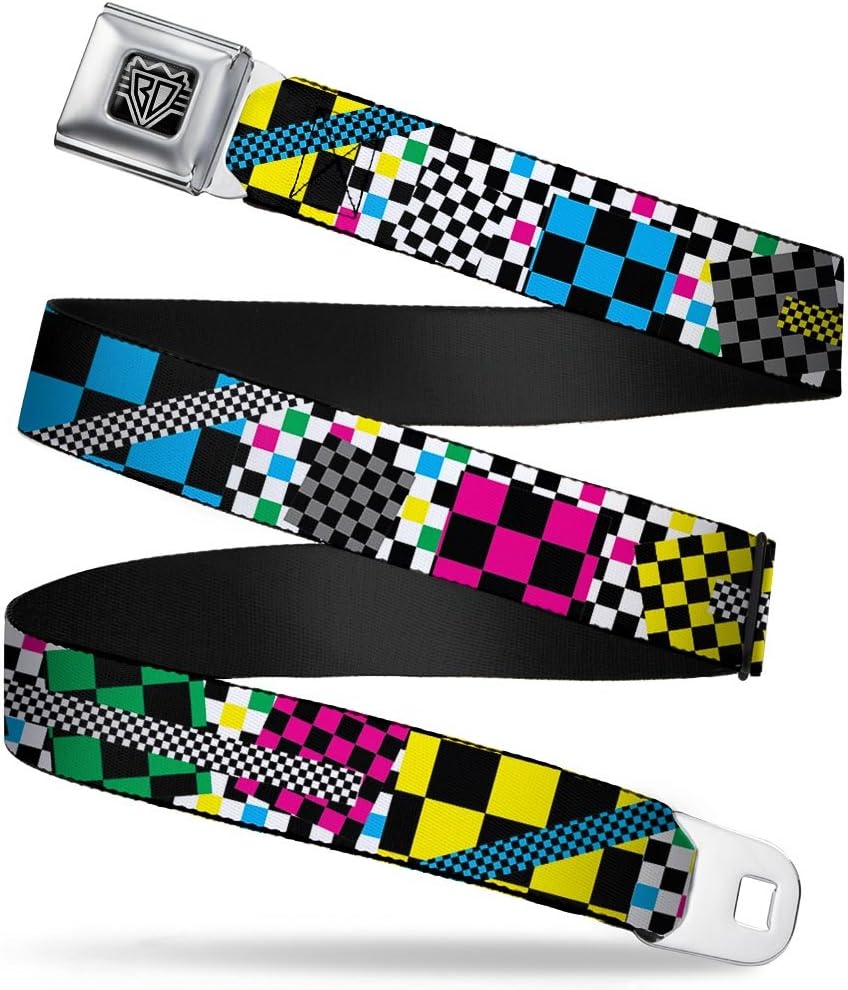 Buckle-Down Seatbelt Belt - Funky Checkers Black/White/Neon - 1.0" Wide - 20-36 Inches in Length