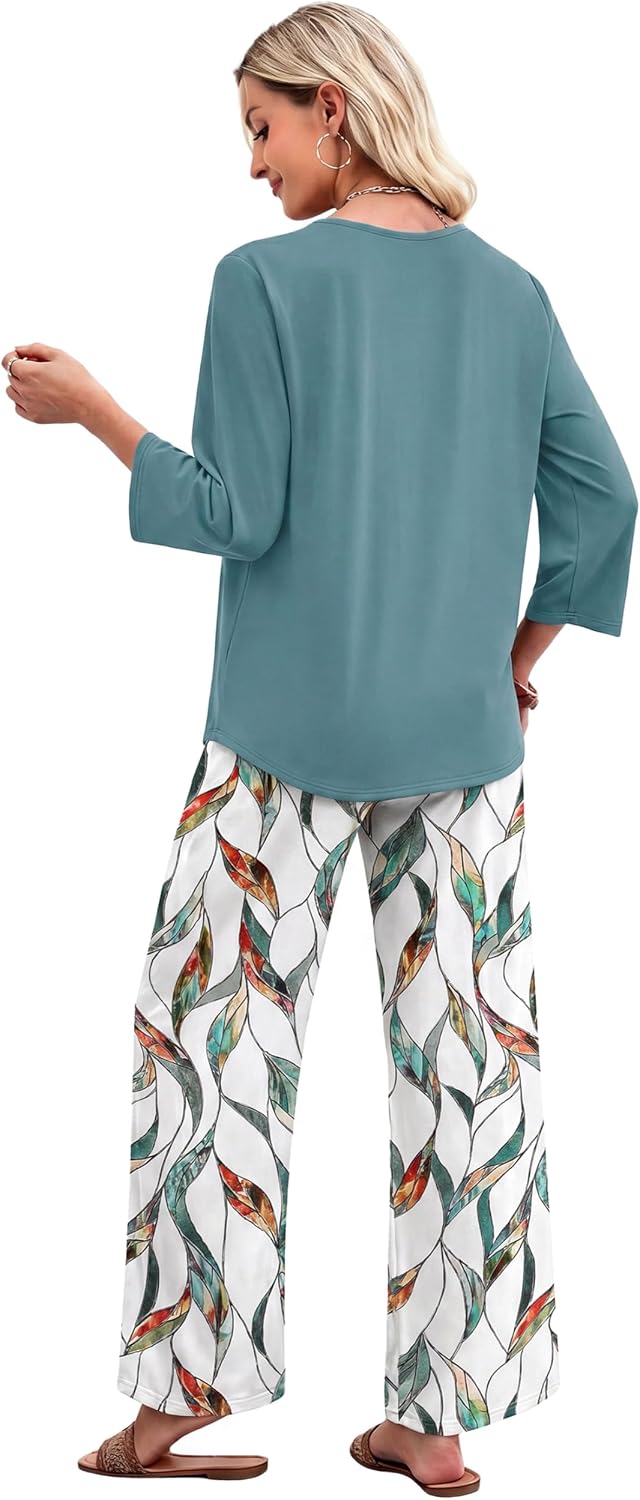 WIHOLL Two Piece Sets for Women Lounge 3/4 Length Sleeve Womens Tops Graphic Pants with Pockets Summer Outfits 2026 image 5