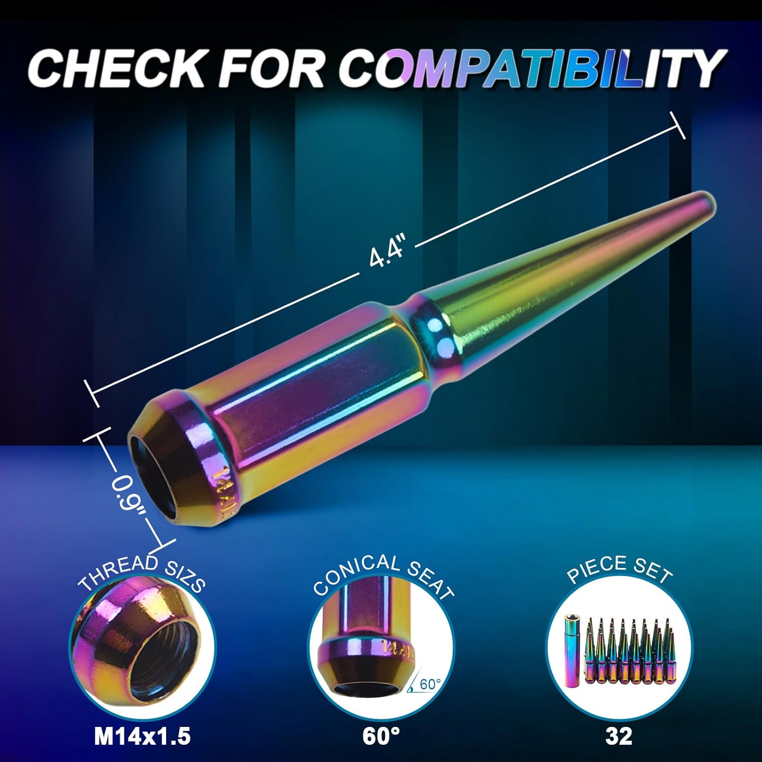 M14x1.5 Spike Bullet Lug Nuts 32 Pcs with Key for Ford F250 F350 for Silverado 2500hd 3500hd for Tesla S 3 X Y for Gmc Sierra Yukon Dodge Ram 2500 3500 Neo-Chrome Rainbow Truck LugNut